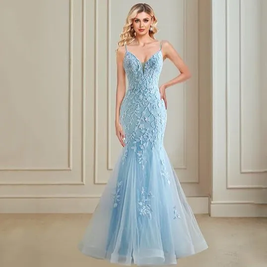 

Sexy Modern Mermaid Prom Evening Dress Spaghetti Strap Sleeveless Tulle Appliques Floor Length Formal Gown 2025 Free Customized