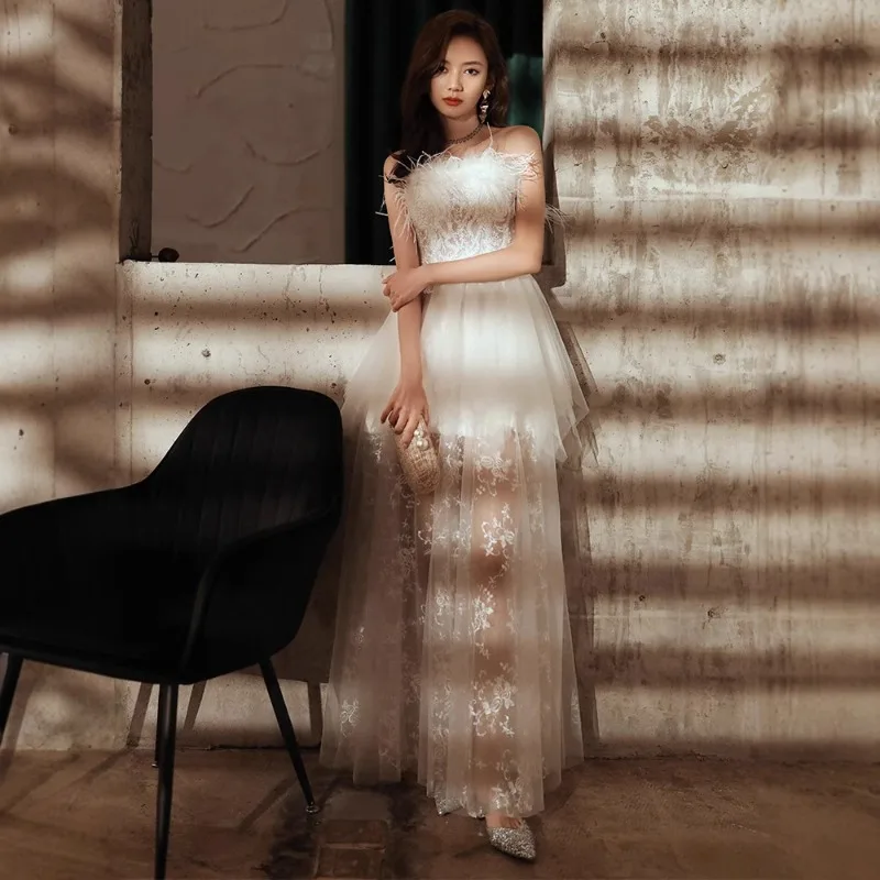 

2025 Tube Top Feather White Lower Skirt Semi-transparent Evening Dress Birthday Party French Hepburn Bar Mitzvah Ball Party