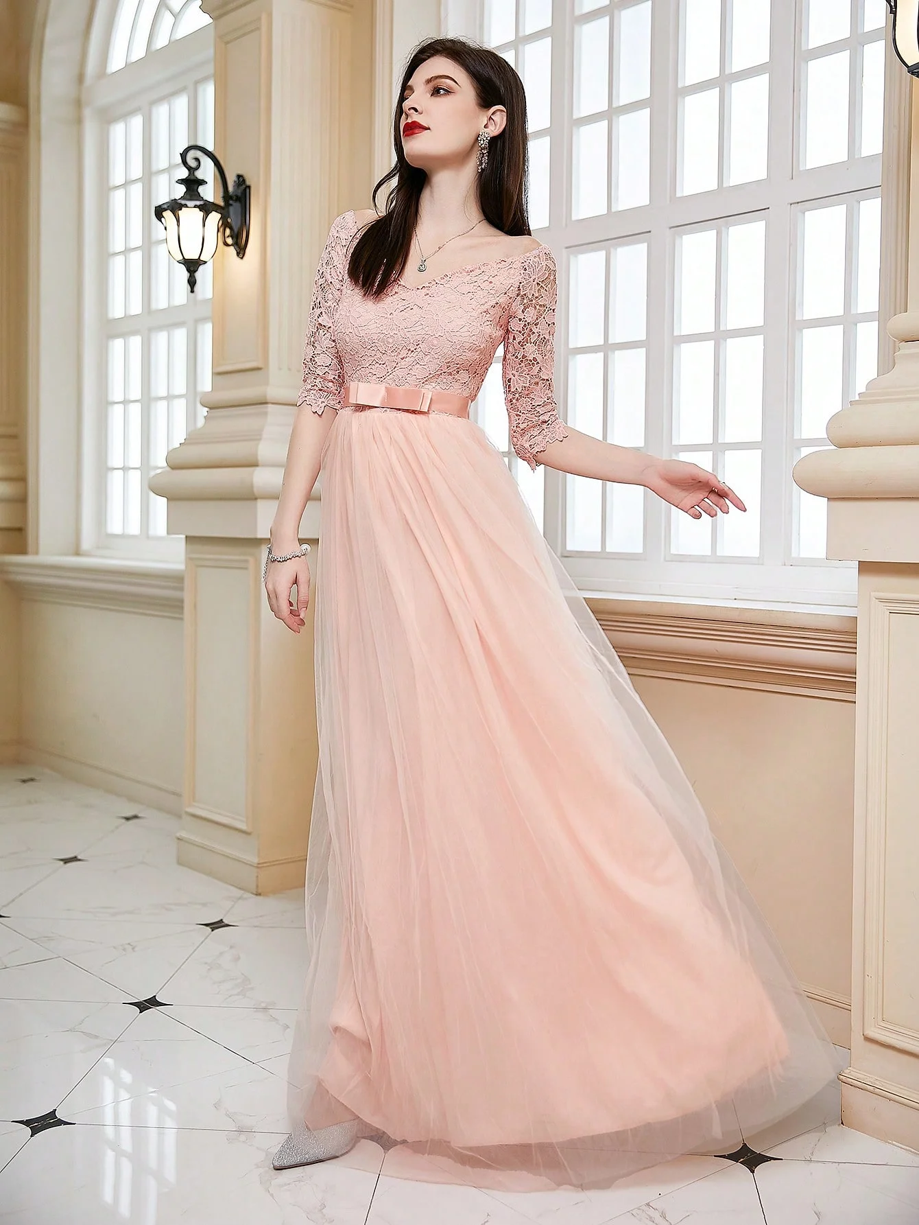 

Classic Fashion Pink Lace Tulle Bridesmaid Dresses Elegant Wedding Party Guest Robe Bridal Sister Group Prom Dress Ball Gown