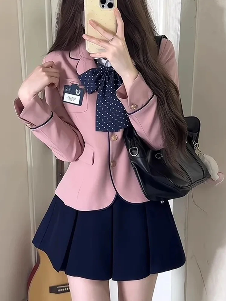 

Корейский студенческий костюм в стиле JK: женский комплект весна 2025 – укороченный жакет, блузка, юбка, модный деловой костюм-двойка