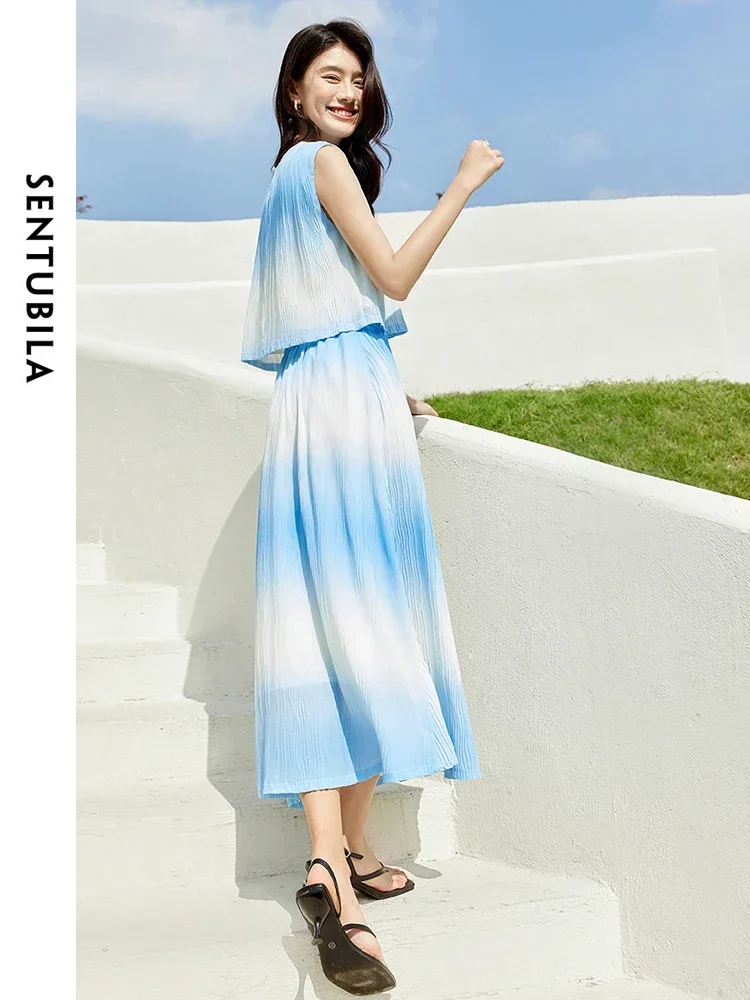 SENTUBILA Women Summer Skirt Set 2025 Blue White Gradient Cropped Tank Top Flowy Midi Skirt Women's Vacation Outfits 142Z54315