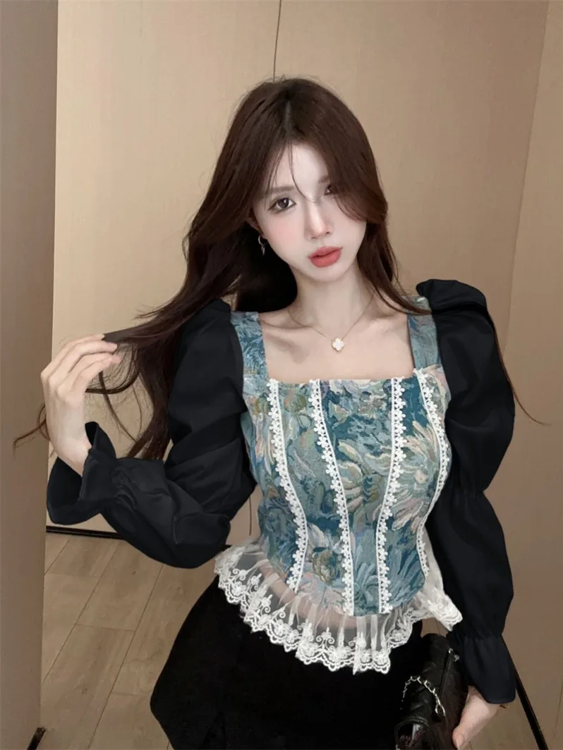 Vintage French Women Shirts Lace Lolita Elegant Long Sleeve Flounce Blouse High Quality Office Lady New Fashion Chic Female Tops