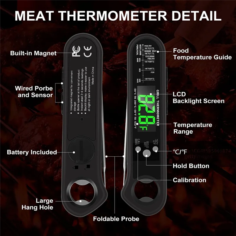

A57M-3 In 1 Digital Meat Thermometer Baking Sugar Thermometer With 2 Detachable Wired Probe,Calibration, Alarm Function