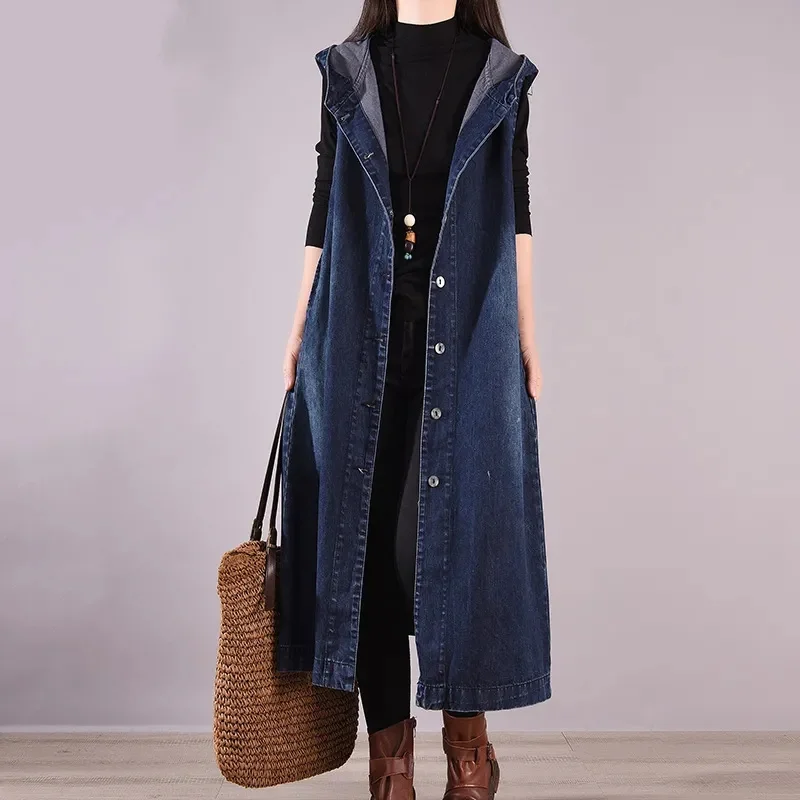 

Women's Long Denim Vest Spring Autumn New Hooded Denim Jacket Korean Waistcoat Fashion Loose Vest Sleeveless Blazer Vintage C98