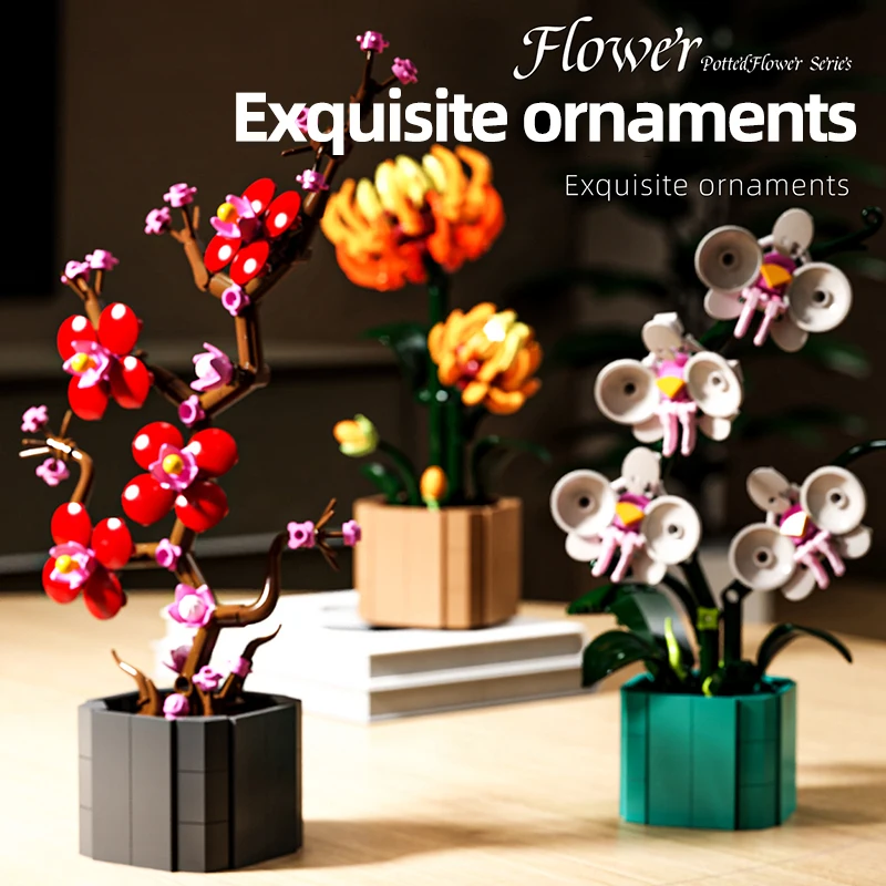 Flower Language Set Building Blocks Plum Blossom Orchid Chrysanthemum Potted Flower Model Bricks Home Decor Valentine's Gifts