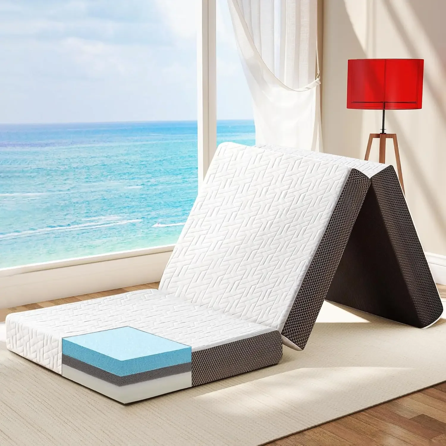 4 Inch Foldable Mattress Twin Size, Tri-Folding Portable Memory Foam Topper Floor Bed with Storage Bag, Washable Cover for Trave