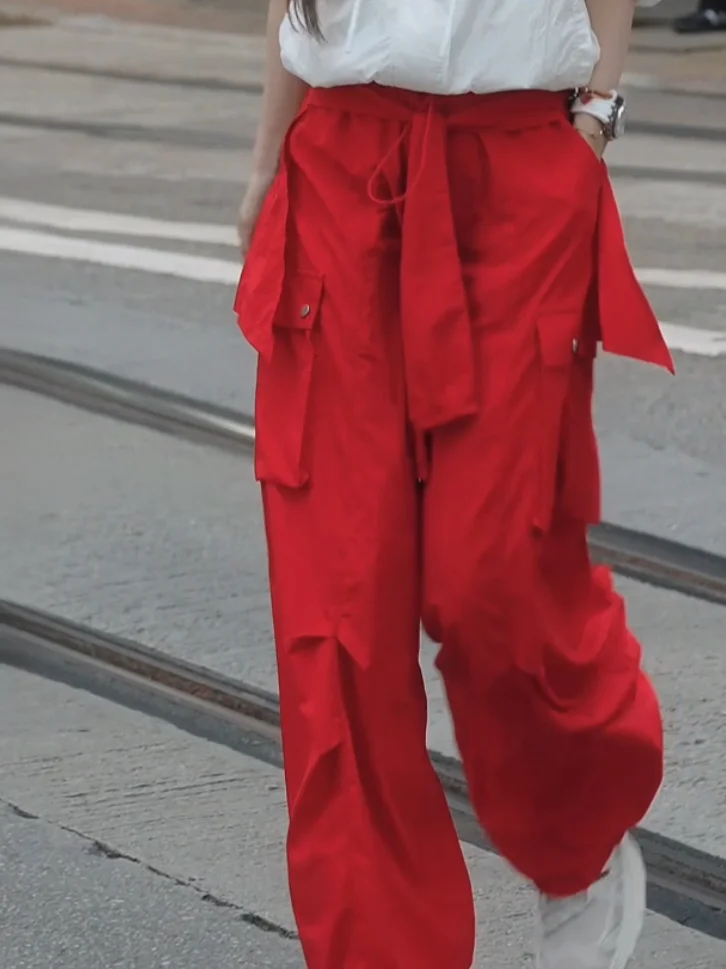 

Красные повседневные брюки с высокой талией для женщин, дизайнерские, с поясом, летние, новинка, HUANG VINI, прямые брюки