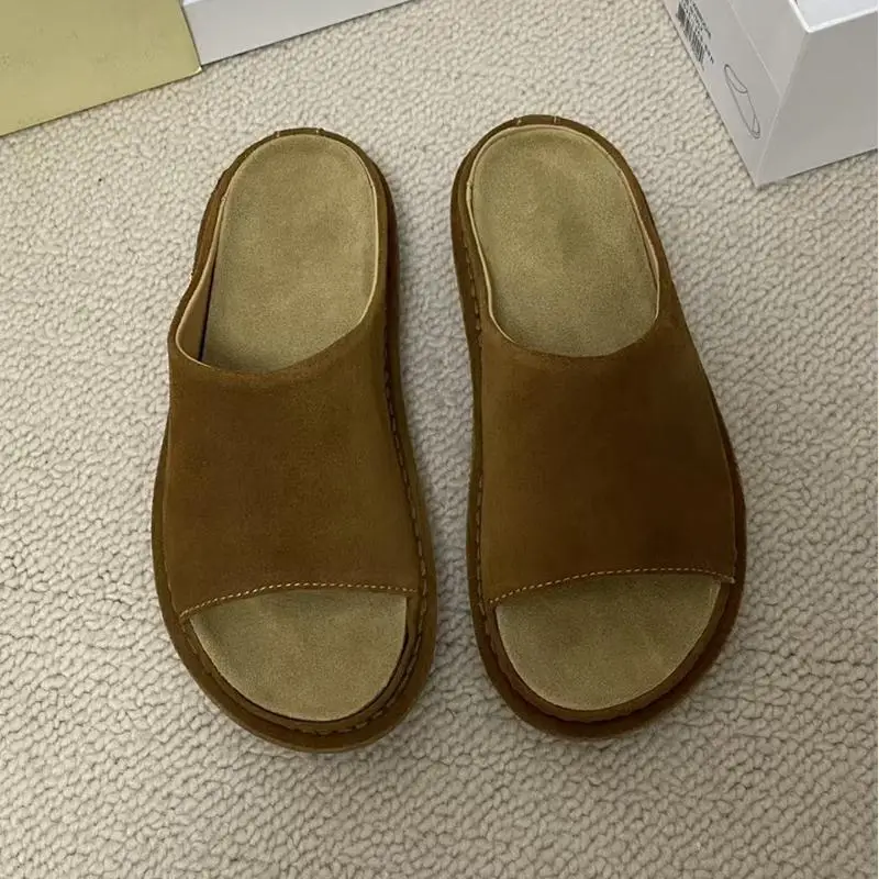 Dave&di Minimalist French Slippers For Summer Minimalist Retro Tire Cowhide Cool Mop With Round Toe And Thick Sole Sandals Woman