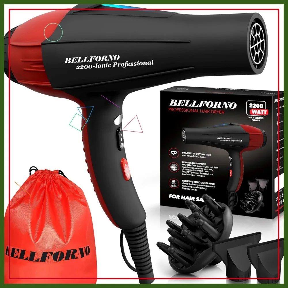

Professional 2200W Ionic Hair Dryer, AC Motor, Ceramic Tourmaline, Quiet Blow Dryer with Diffuser & 2 Nozzles