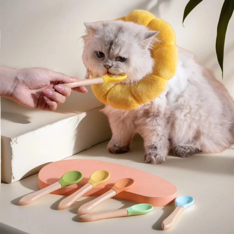 Food Grade Silicone Pet Spoon with Anti-Slip Wooden Handle for Cat Canned/Wet Food Feeder Easy to Clean Safe for Kittens Small P