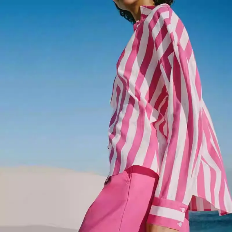 

Summer 2024 Women's Casual Sweet Loose Fit Long Sve Linen Blend irt Versatile Sle Classic Collar Versatile All Seasons