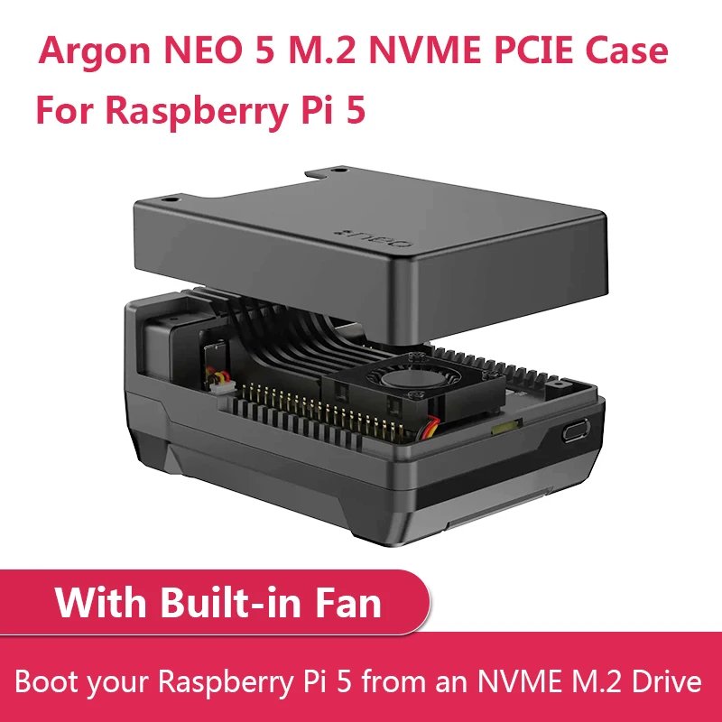 Caso Raspberry Pi 5 com Ventilador Embutido, Argon Neo, M.2, NVME, PCIE