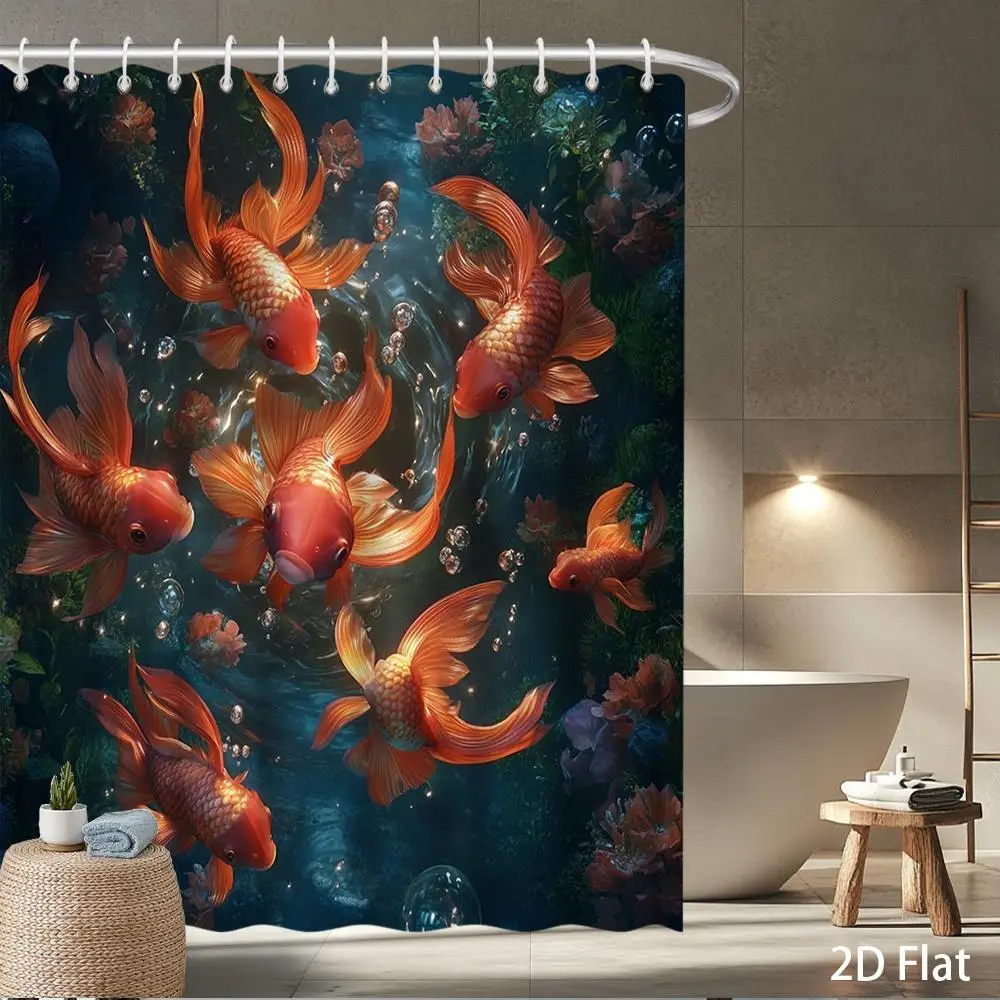 Cortina de Ducha Vibrante con Diseño de Peces Tropicales, Acuario Oceánico, Peces Koi y Peces Dorados, Decoración Impermeable para Baño