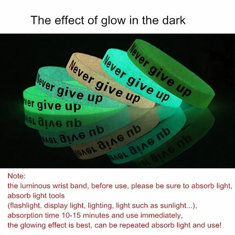 2pcs Never Give Up Silicone Wristband Glow in The Dark Rubber Band Luminous Bracelet Motivational Wrist Strap Inspirational Gift
