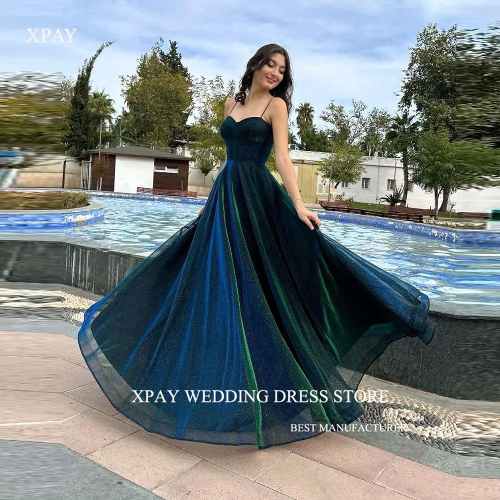 

XPAY Shiny Glitter Dark Green Evening Dresses Spaghetti Straps Dubai Arabic Women lace Up Back Prom Gowns Plus Size Formal Party