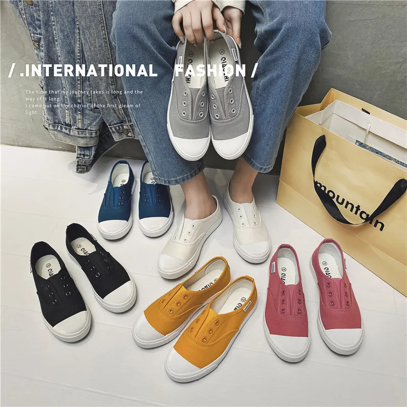여성용 캔버스 스니커즈, 프로모션 가황 신발, 플랫 캐주얼 로퍼, 슬립온 여성 학생 트레이너 