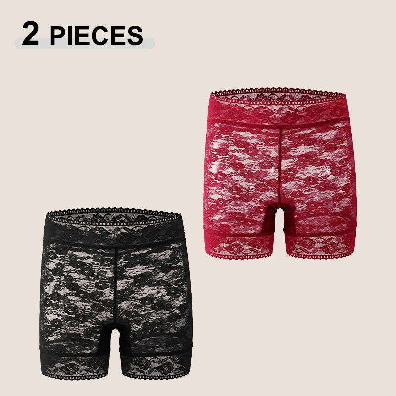 2 Stück/Set einfarbige Spitzen-Boyshorts für Frauen, sexy, floral, hohe Taille, transparente Unterhose, weiche, atmungsaktive Boxershorts für Damen.