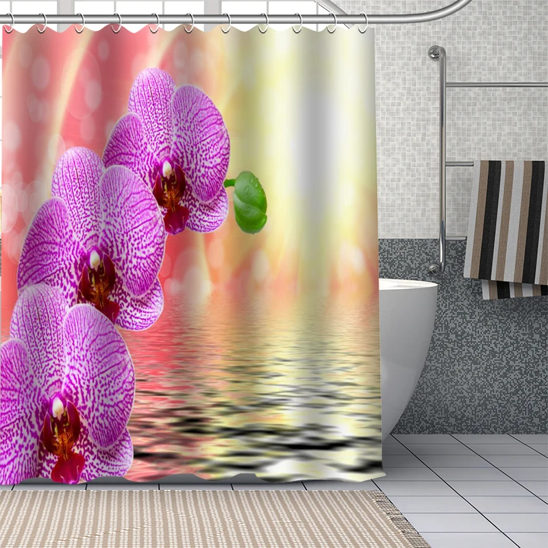 Flower Shower Curtain 3D Printed Red Orchid Pattern Fabric Waterproof Polyester Home Decor Bath Curtain Bathroom Cortina De Baño