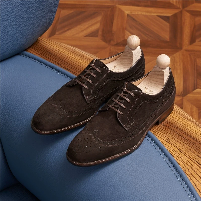 

Brown Commute Business Dress Shoes Genuine Leather Shoes Cow Suede Lace-up Casual Gentleman Brogue Carved Wedding Shoes