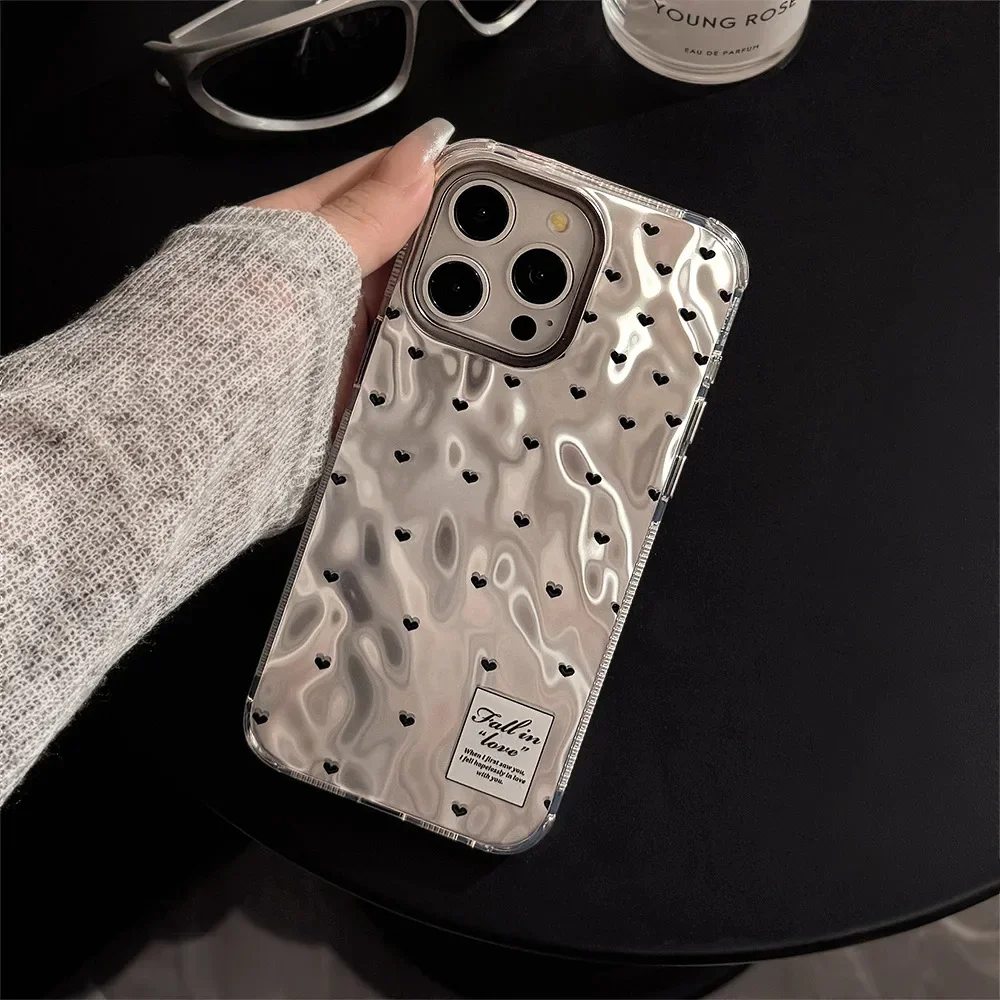 Coque de téléphone antichoc en argent avec petit cœur, style coréen, coque en poly, ondulation de l'eau, iPhone 15 14 12 13 11 Pro ProMax Plus X