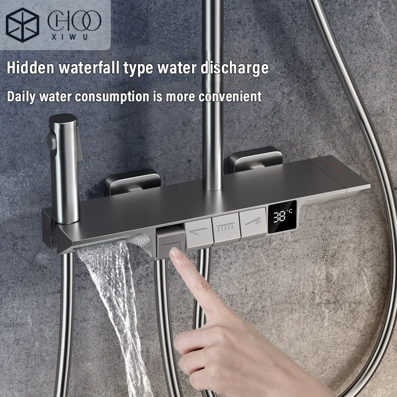 Bathroom all-copper digital thermostatic shower set, extra-large overhead shower, LED digital display, real-time display