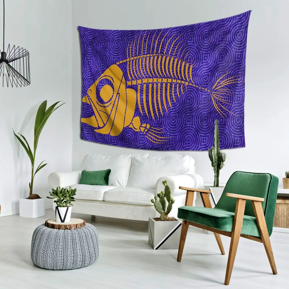 Golden Fish Skeletons Tapestry Art Wall Hanging Aesthetic Home Decoration Tapestries for Living Room Bedroom Dorm Room