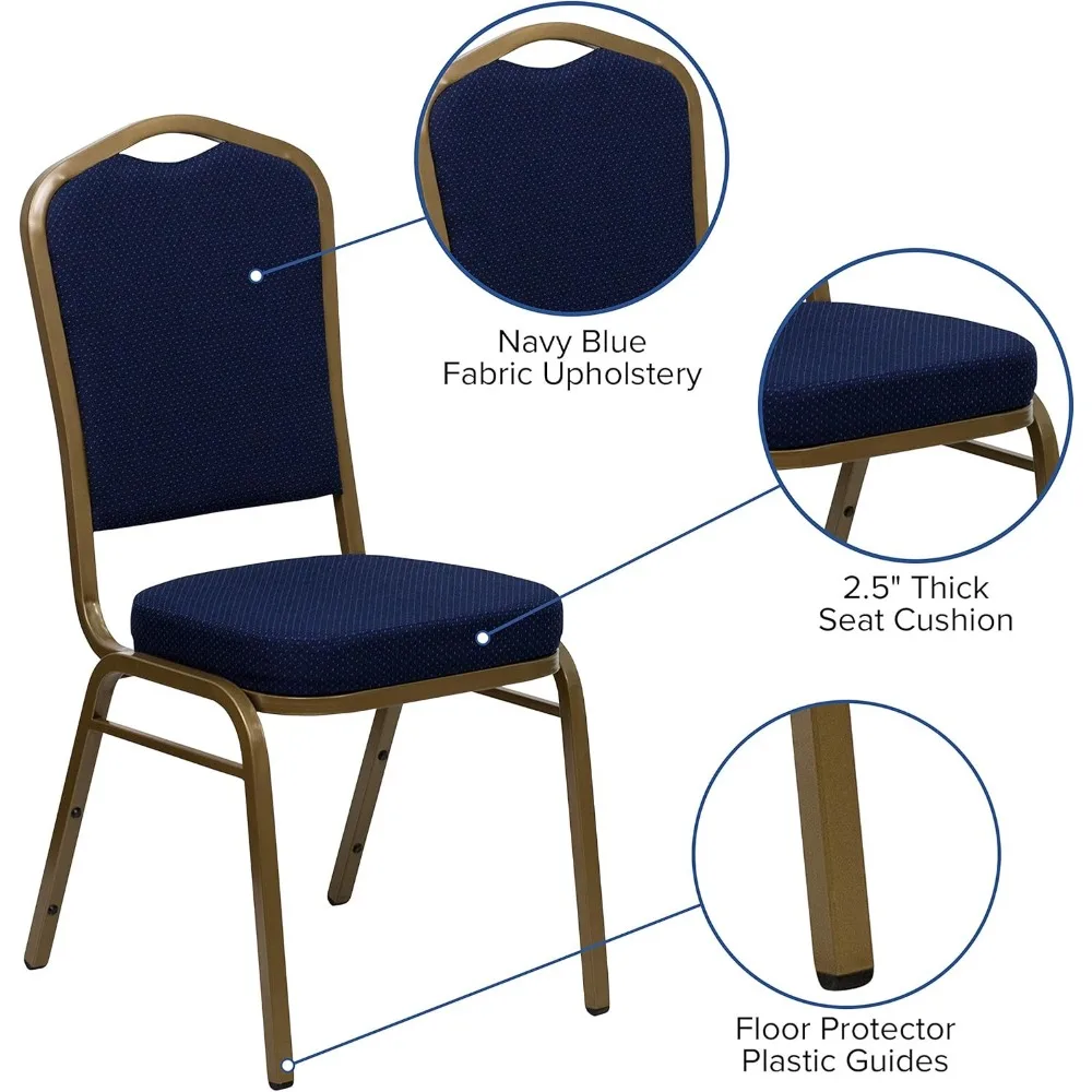 Crown Back Banquet Chair, Navy Blue Patterned Fabric/Gold Frame