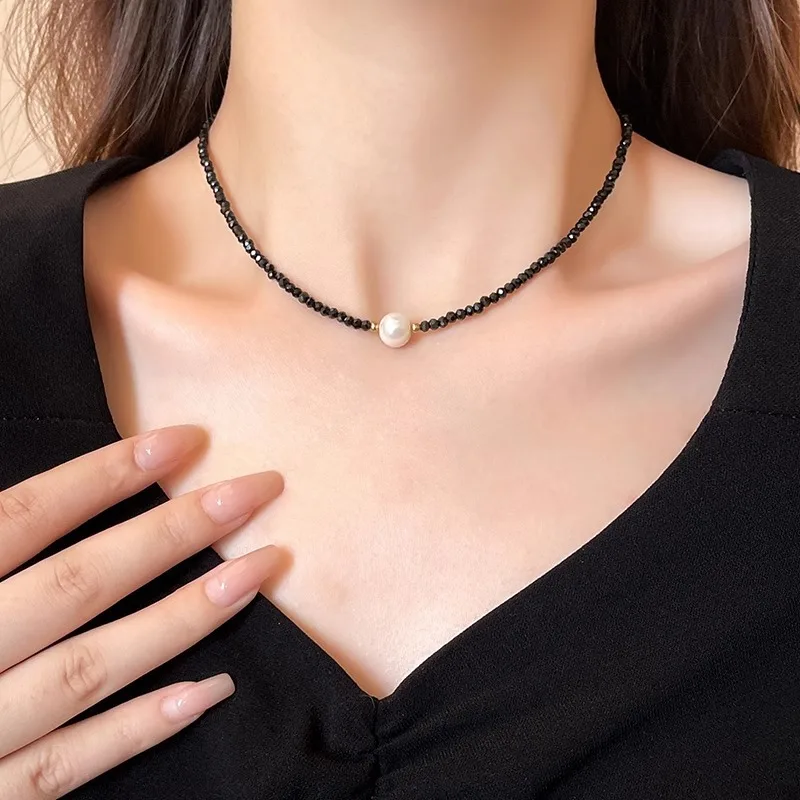 New Arrival Elegant Natural Freshwater Pearl Black Crystal 14K Gold Filled Female Beads Chain Necklace Jewelry For Women Gifts