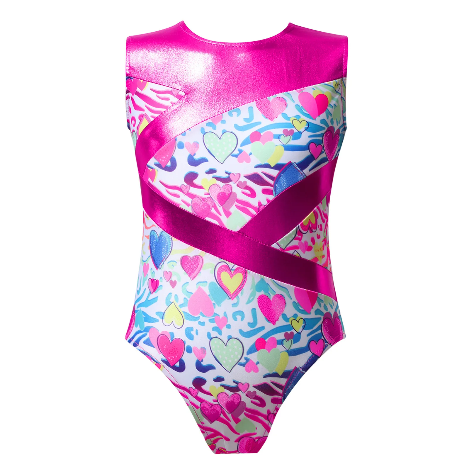 Kids Girls Printed Metallic Gymnastic Leotard 2024 Round Neck Sleeveless Patchwork Hollow Out Bodysuit for Dancing Swimming wear