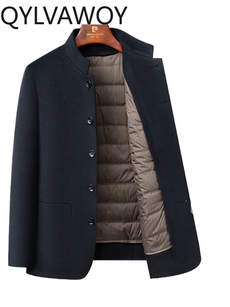 QYLVAWOY 70% الصوف الشتاء الصوف رجال الأعمال عادية الوقوف طوق ملابس خارجية منتصف العمر أبي الزي الصوف معطف قصير LJ2598