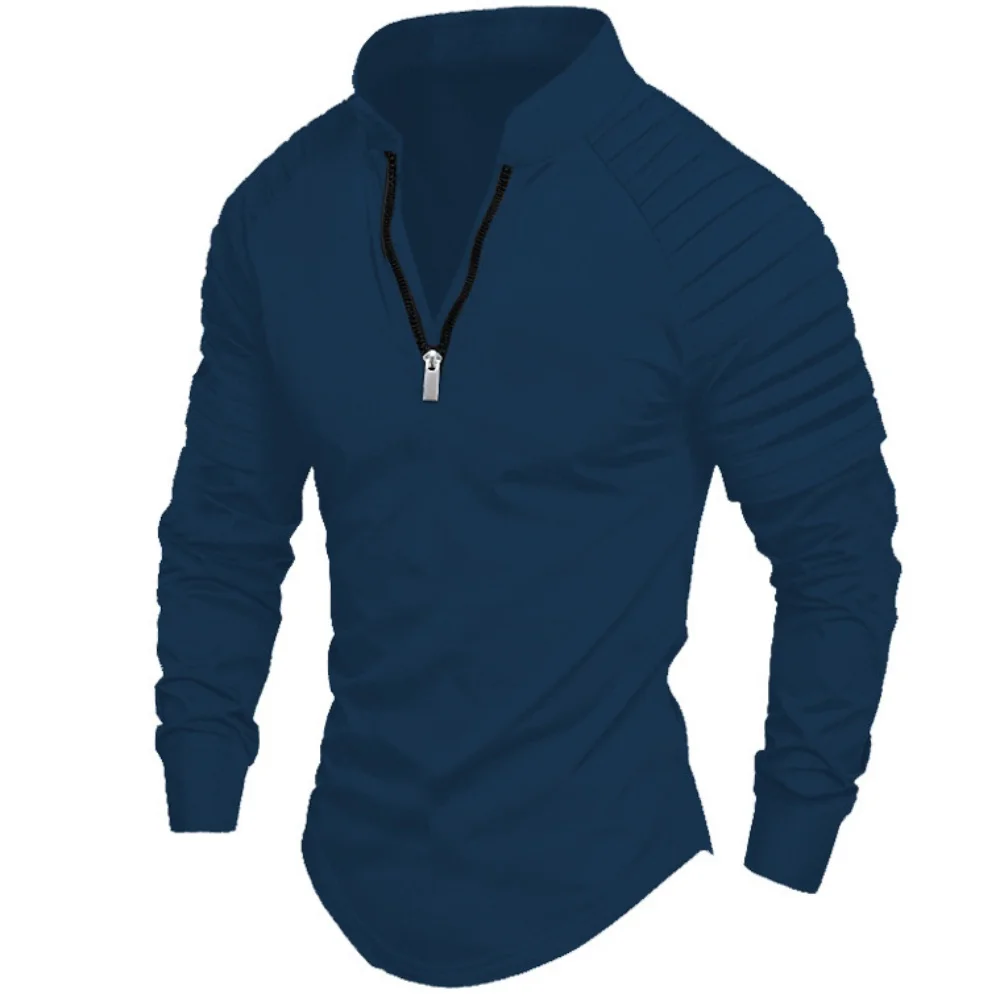 Men\'s POLO Shirt Fashion Casual Loose Solid Color Striped Zipper Stand Collar Sports Urban Office Long-Sleeved Tops