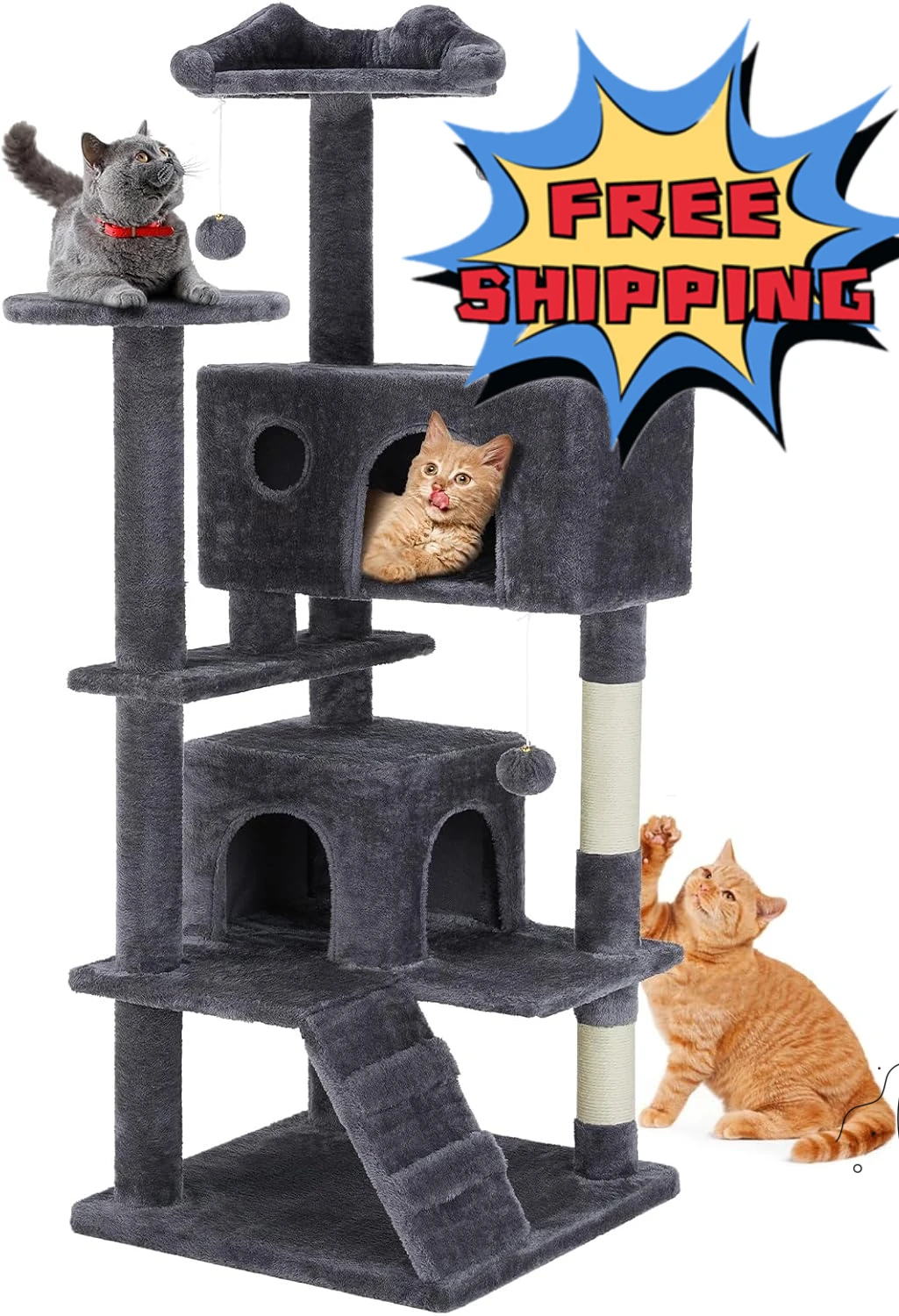 54-Inch Cat Tower for Indoor Cats W/ Sisal Scratching Post, Cat Play House, Large Kitty  Plush Multi-Level W/ Climbing Ladder