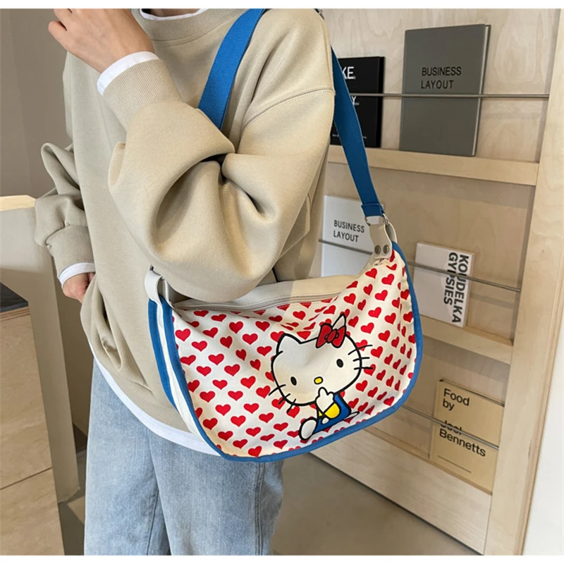 Miniso Kawaii Sanrio Hello Kitty Canvas Messenger Bag Cute Anime Cartoon Handbag Good-looking Purses Girl&Child Holiday Gifts