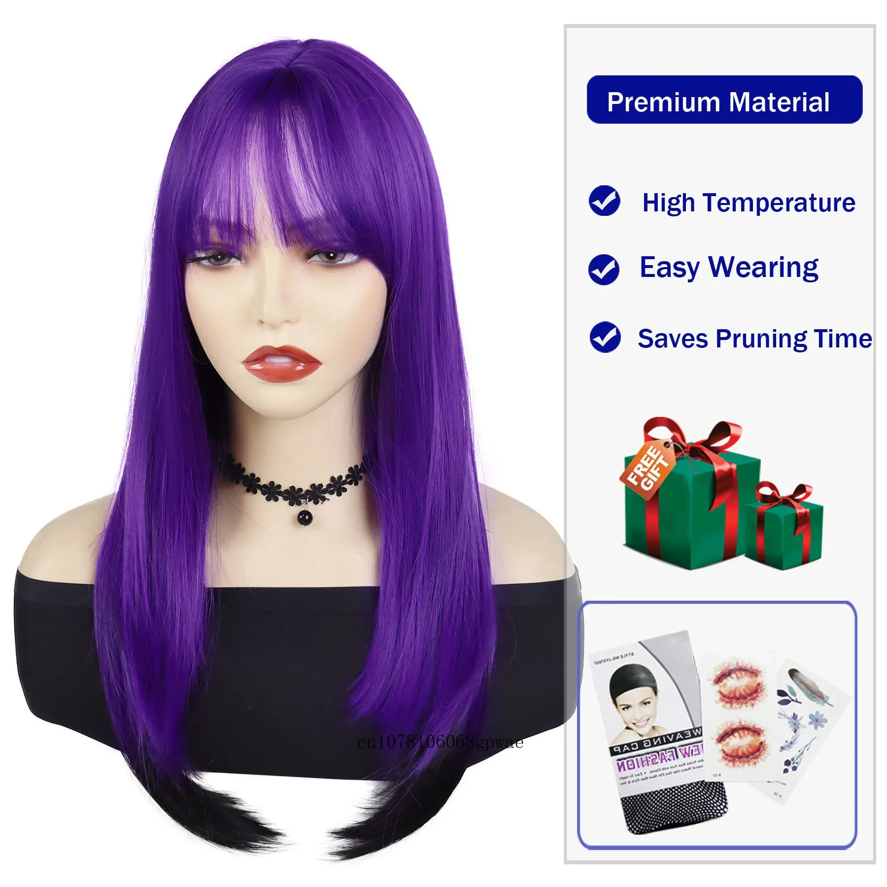 Wig panjang lurus sintetis 22 inci dengan poni untuk wanita kostum Halloween Wig hitam Ombre ungu pesta Cosplay tahan panas