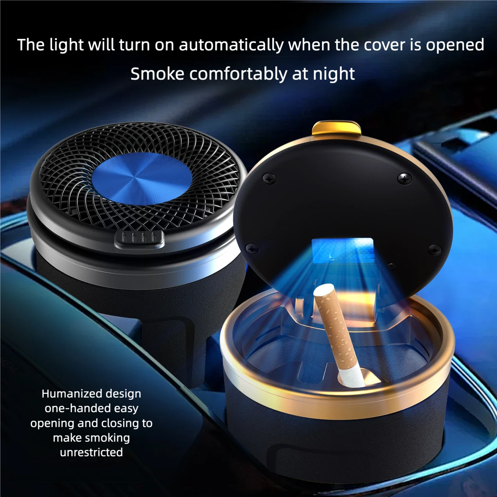 منفضة سجائر LED فاخرة مثبتة على السيارة، مقاومة لدرجات الحرارة العالية