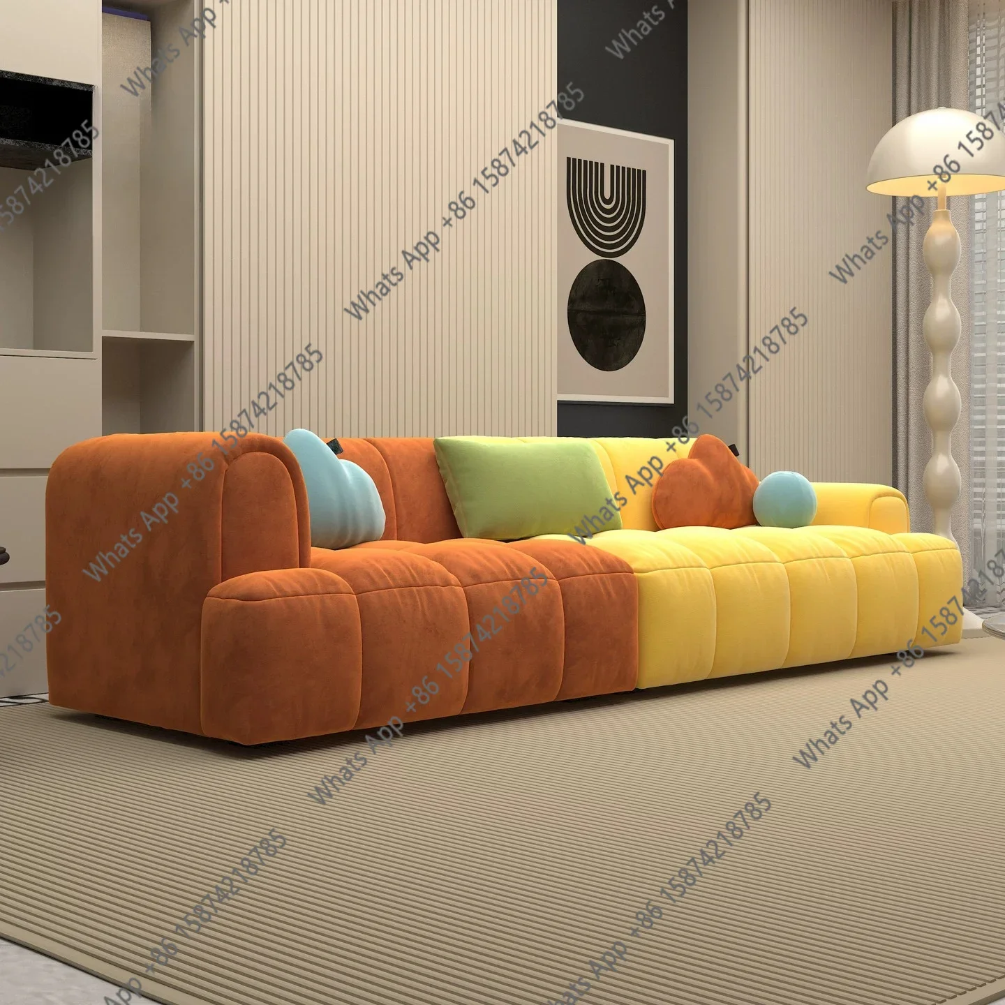 

W Soft Cream Wind Contrast Color Fabric Sofa Living Room Small Apartment Modern Simple Three-person Cloud Sofa