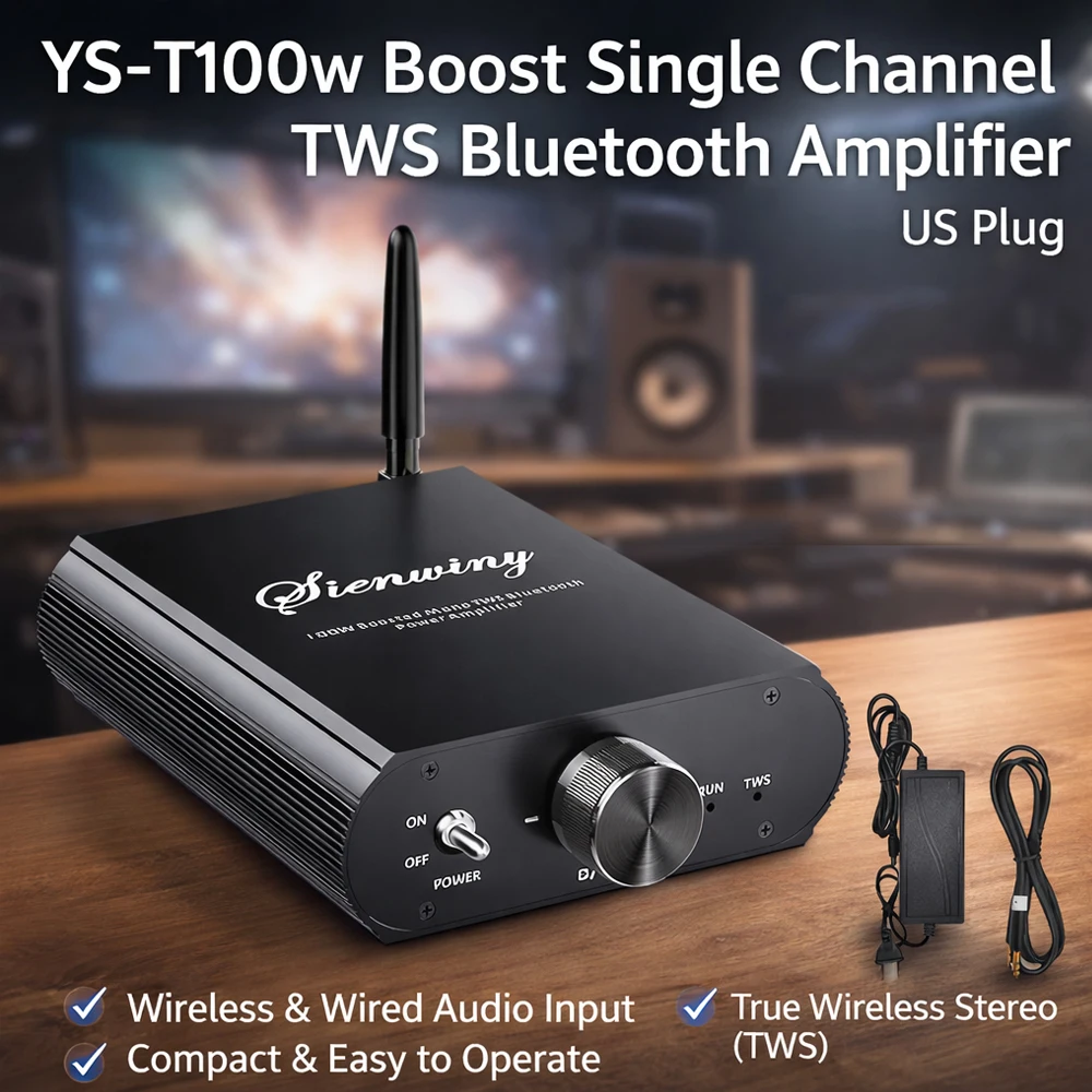 

Мини-аудиоусилитель Docreate YS-T100W TPA3116 Bluetooth 5.3 Mono Amp с управлением через приложение, 12-24В, для уличных сабвуферов и ПК (США)
