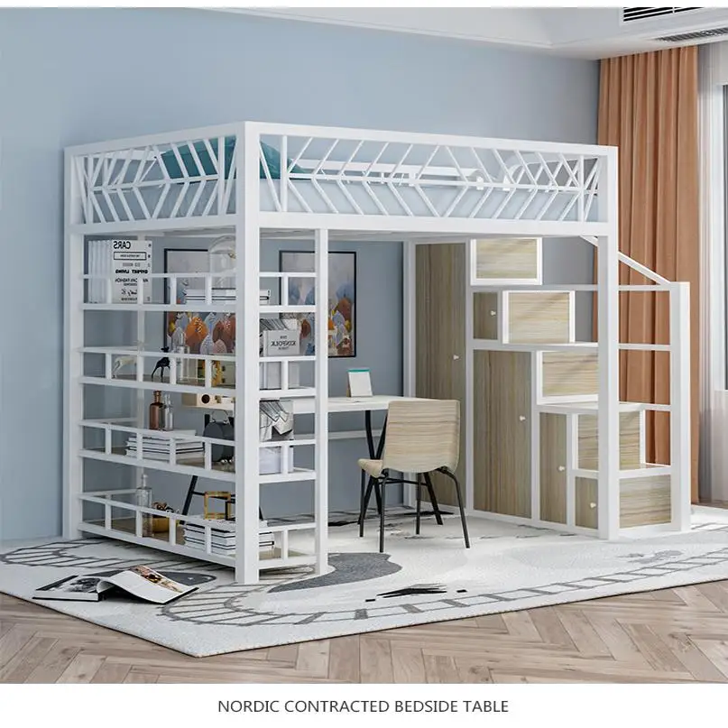 Multifunctional elevated bed small apartment loft bed simple modern loft duplex second floor wardrobe upper wrought iron bed