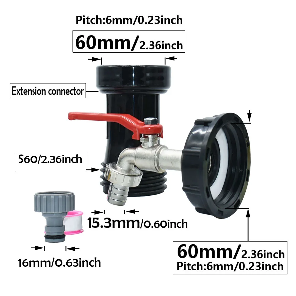Durable 1000L IBC Water Tank Tap Connector Lengthening S60 to 16mm Nipple 15mm Hose Water tank faucet adapter