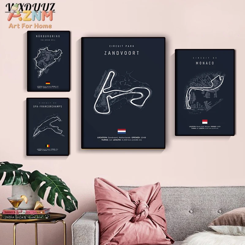 Картина-на-холсте-с-картой-трасс-Формулы-1-aznm-zandvoort-nurburgring-spa-francorchamps-monaco-безрамный-постер-с-гоночными-трассами-декор-для-дома