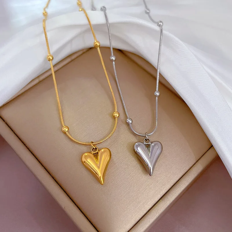 ANENJERY 316L Stainless Steel Colorful Heart Lucky Beads Necklace for Women Simple Ins Clavicle chain Jewelry Gifts Wholesale