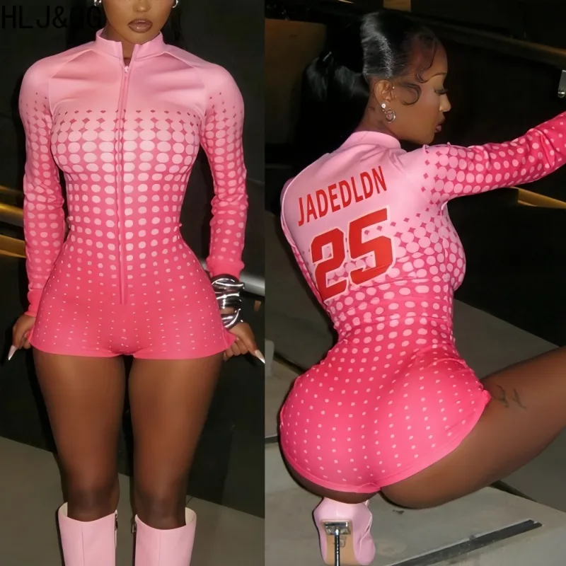 

HLJ&GG Fashion Printing Patchwork Bodycon Rompers Women Color Block Zip Long Sleeves Jumpsuits Female Streetwear Overalls New