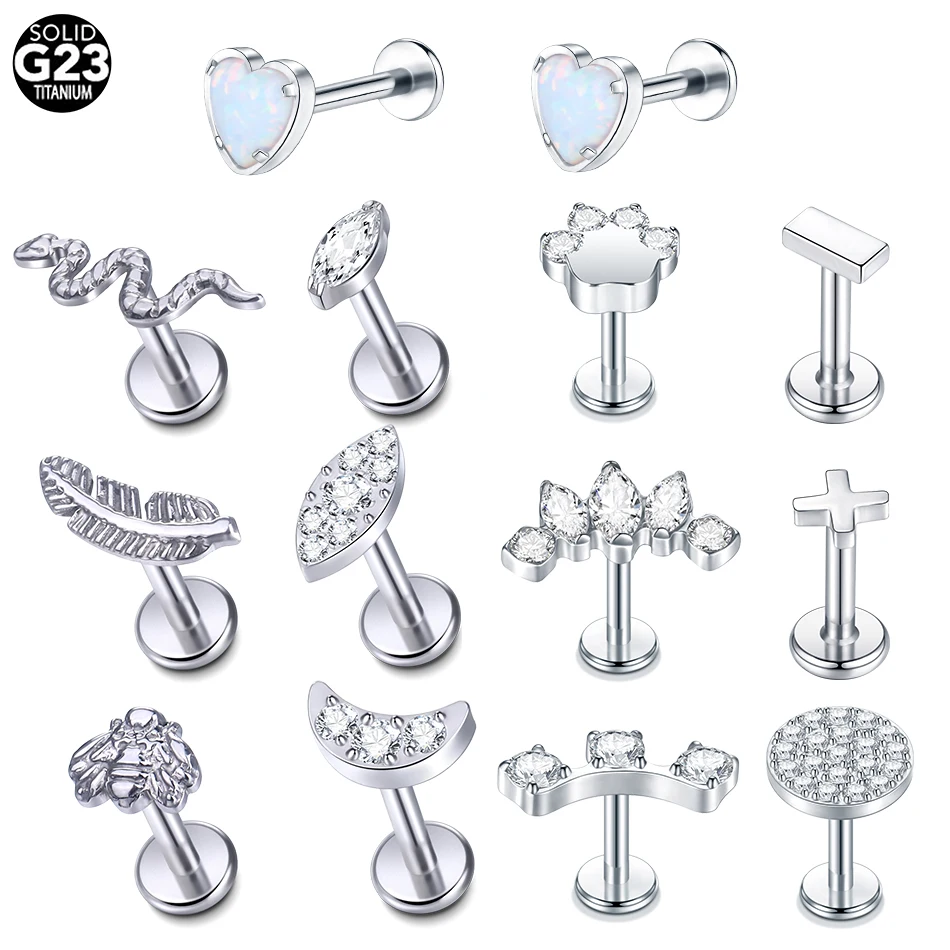 1/5PC Titanium 16G Moon Snake Labret Bar Rings Crystal Flower Tragus Helix Ear Cartilage Stud Earring Piercings Women Jewelry