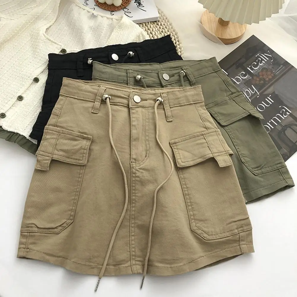 Solid Color High Waist Mini Skirts Multi Pockets Slim Fit Cargo Skirts Vinage America Drawstring A-line Women Skirt Streetwear