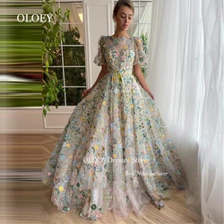 OLOEY Exquisite Embroidery Lace Floral Evening Dress O Neck Photoshoot Short Sleeves Wedding Party Gown Sashes Custom Made