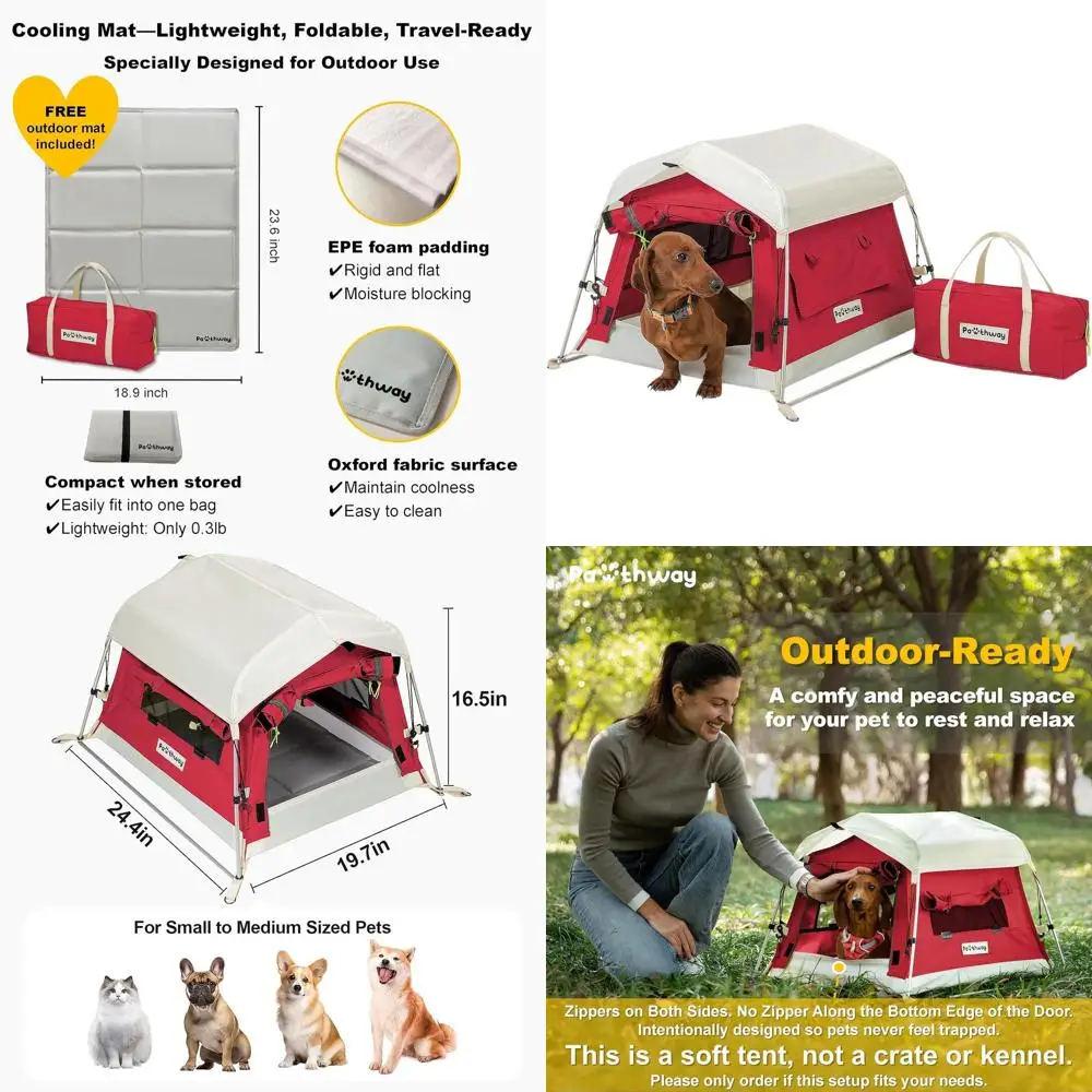 

Portable Outdoor Dog Tent with Breathable Cotton Fabric, Poles, and Camping Mat, Weatherproof, Small Size, Red, 2 Side Windows