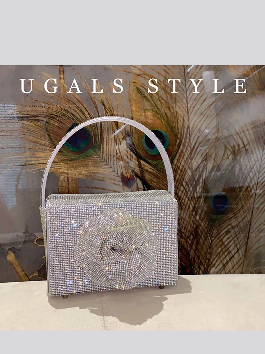 UGALS Handcrafted Tea Flower Small Square Bag Shiny Diamond Encrusted Clutch Bag for Banquet Women's Handbag Elegant Lady Bag