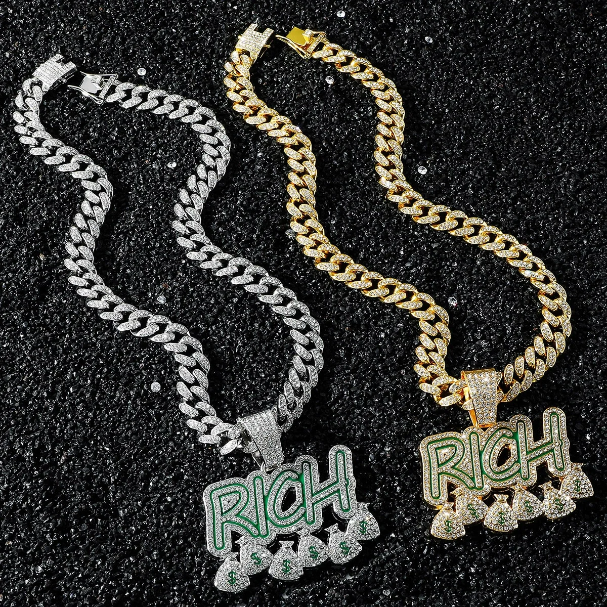 

Fashion Men's Full Diamond Chain Hip-Hop Personality English RICH Purse Pendant Necklace