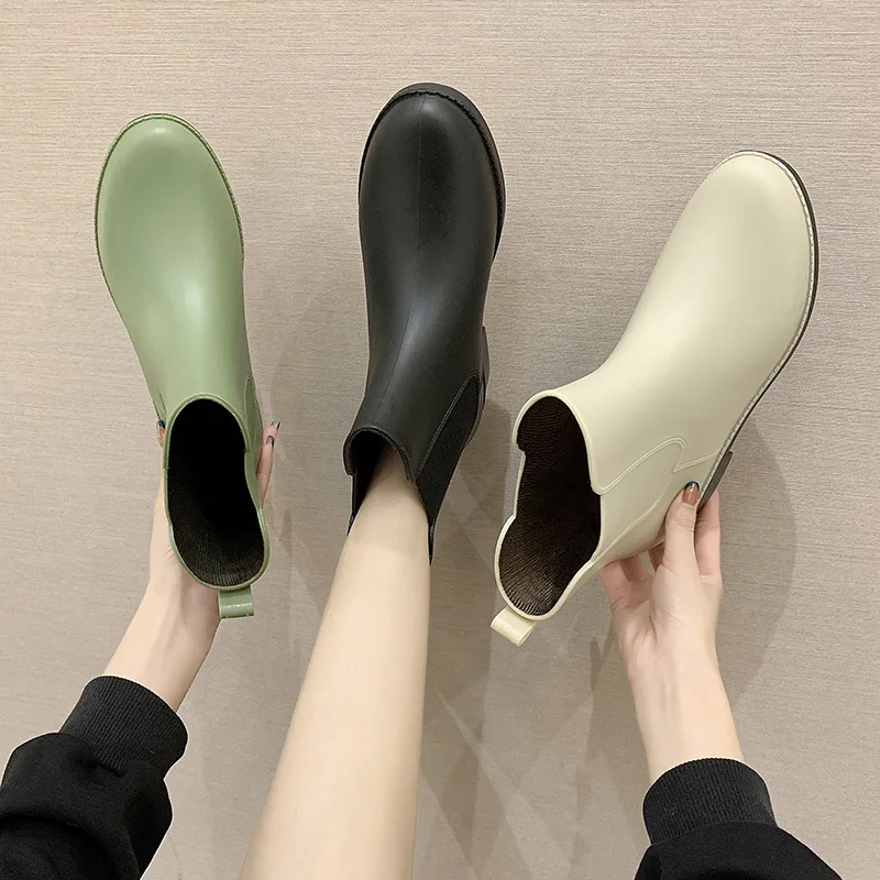

Four-Season Women's Chelsea Rain Boots Short Anti-slip Waterproof Fashion Boots Low Heel Casual Adult Rain Boots