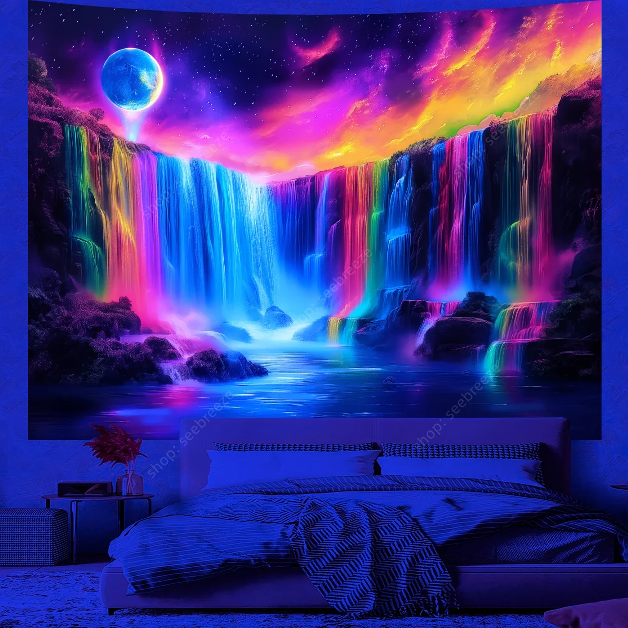 Psychedelic Waterfall Tapestry Galaxy Nature Landscape UV Reactive Tapestry Wall Hanging Dorm Living Room Aesthetic Hippie Decor